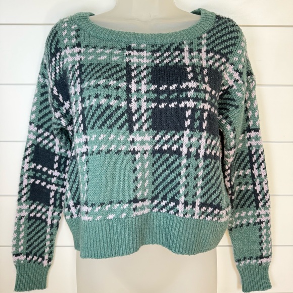 Abercrombie & Fitch Sweaters - Abercrombie & Fitch XS Plaid Knit Cropped Sweater Green Blue Check Pullover Cozy